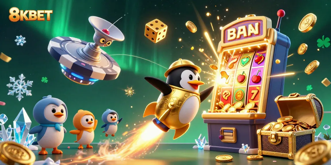 Engage with thrilling 8KBET casino experiences through an explosive illustration of a golden penguin and vibrant slot machines.