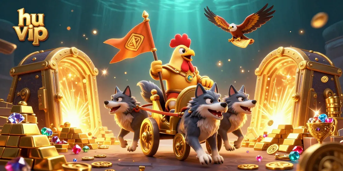 Engage with hu vip at an energetic casino scene showcasing a golden war chariot and treasure.
