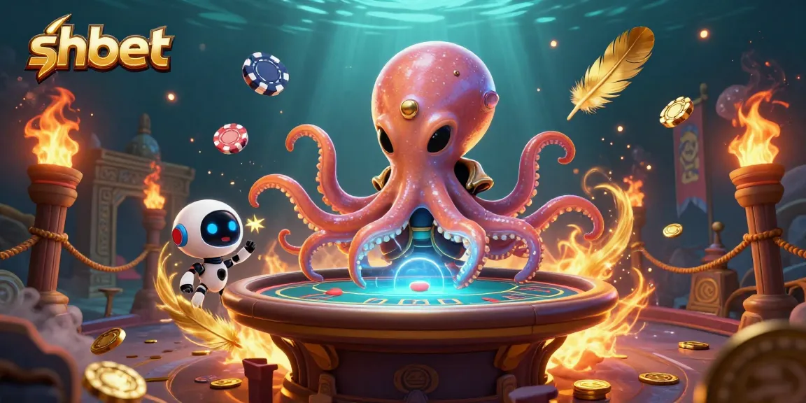 Engage in thrilling poker adventures with shbet's vibrant alien octopus at a holographic table.