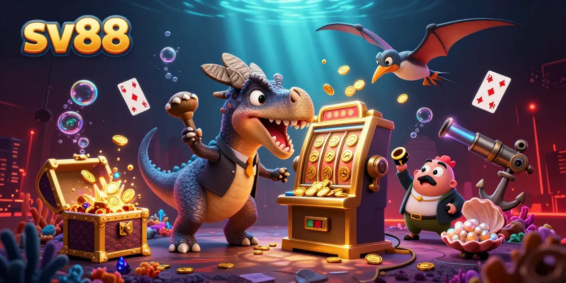 sv88 captures excitement as a dinosaur wins jackpots amid a vibrant casino backdrop.