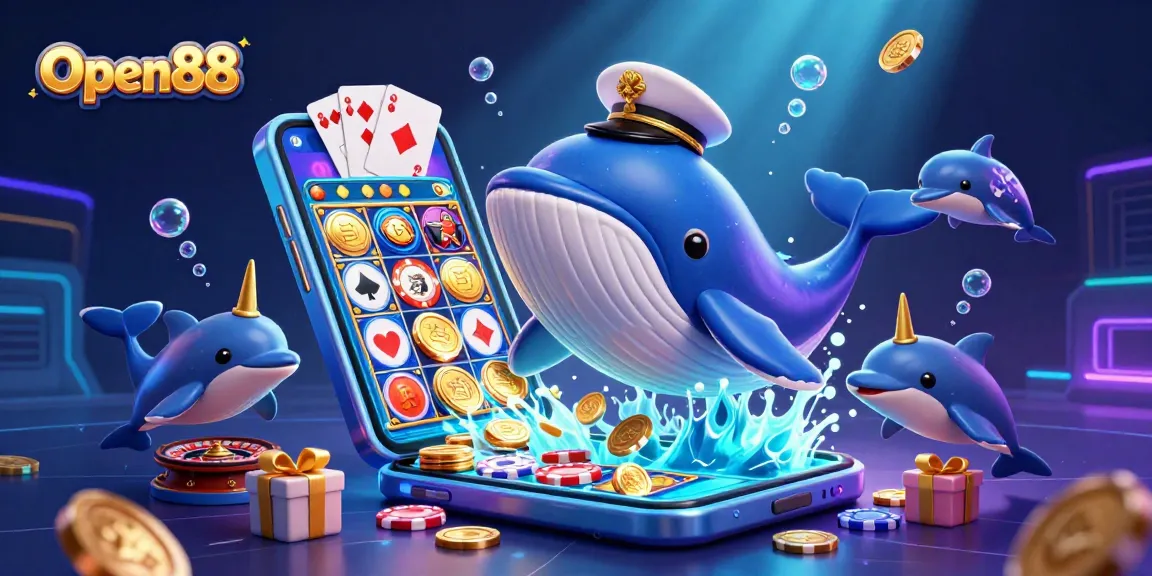 Open88 players enjoying a vibrant underwater casino adventure with golden coins and playful sea creatures.