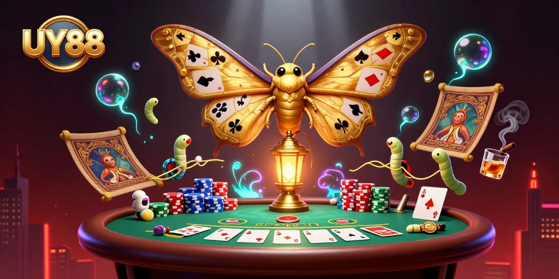Join UY88 at a dynamic poker scene featuring an animated moth and golden casino elements.
