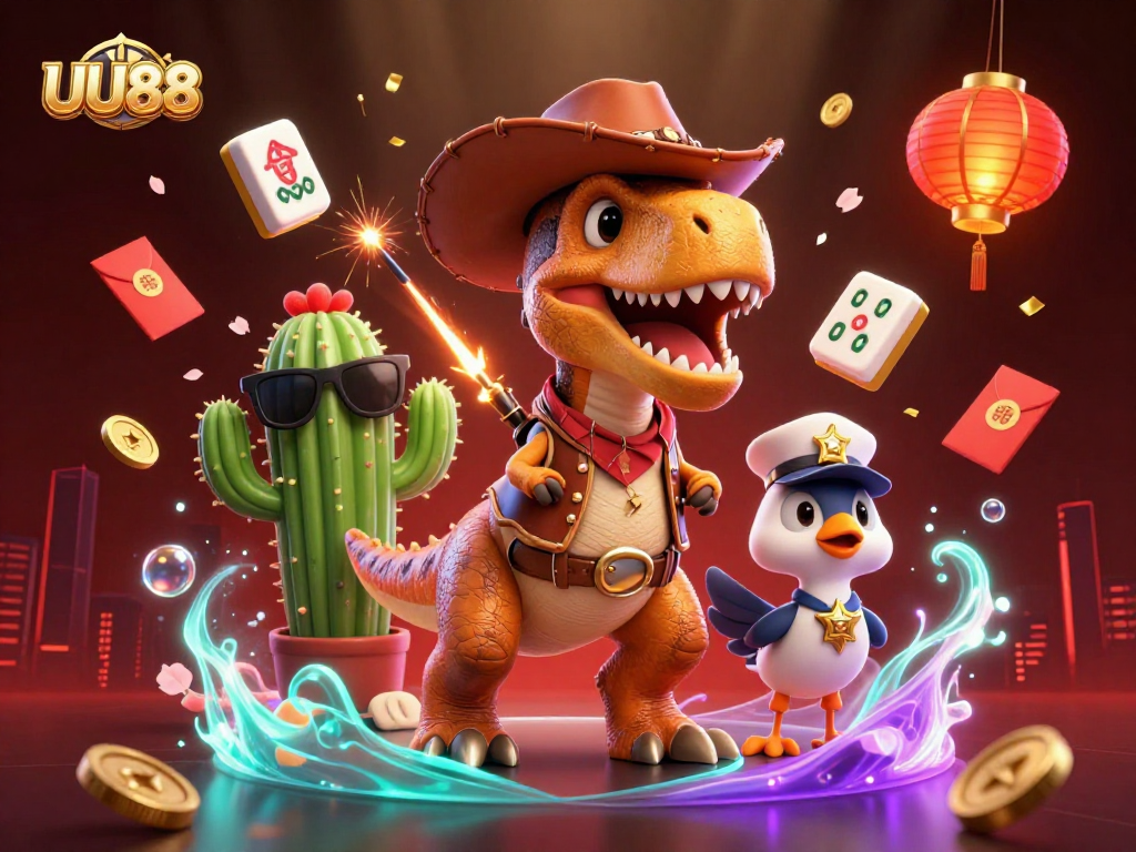 Experience thrilling gaming at UU88 with a vibrant 3D scene featuring a T-Rex and casino elements.