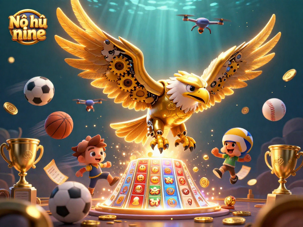 Nổ hũ nine presents a thrilling 3D jackpot scene with a golden eagle, vibrant slot reels, and sparkling coins.