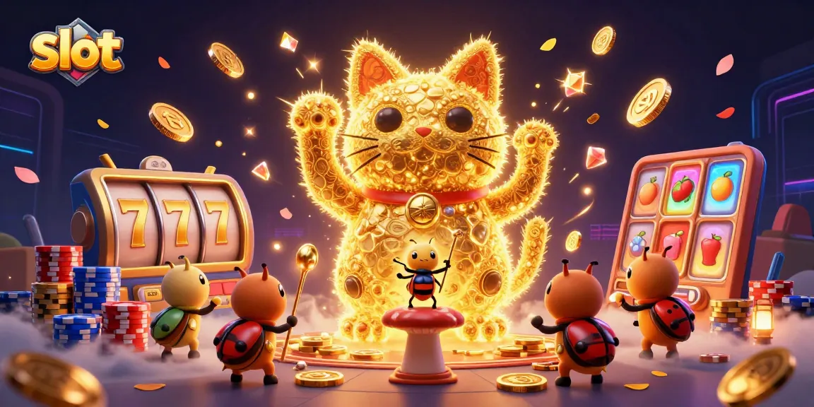Spin the slot reels and win big with vibrant lucky symbols and golden coins flying around.