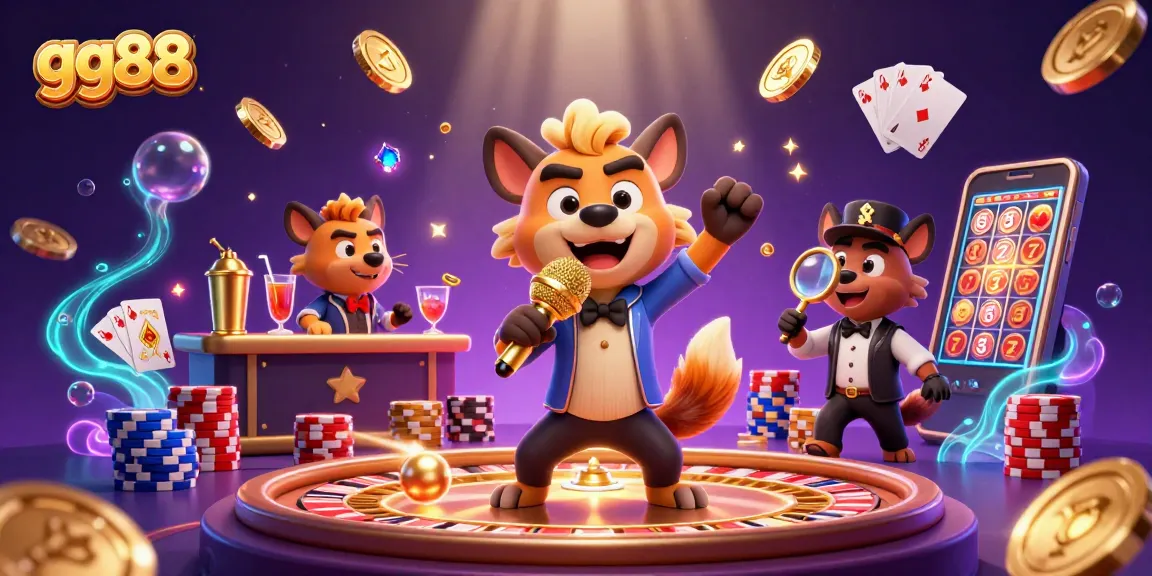 gg88 offers an exciting comedy casino club scene with animated hyena characters engaging in gambling activities.