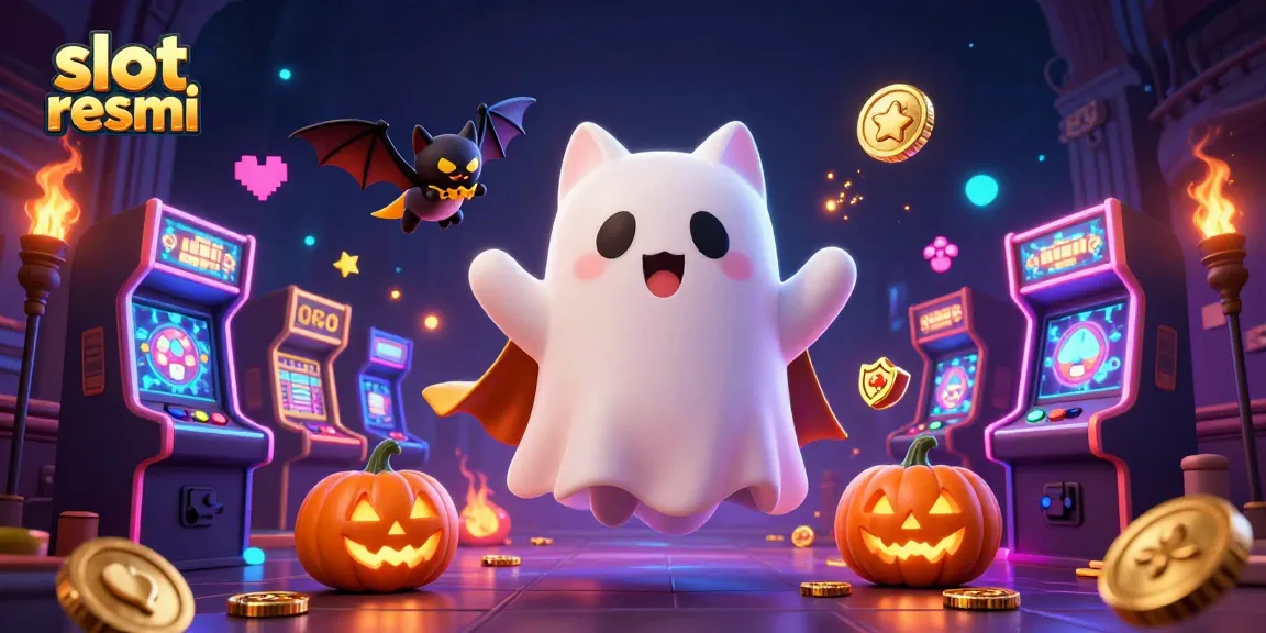 Experience thrilling wins at slot resmi with a friendly ghost cat and vampire bat in a vibrant casino.