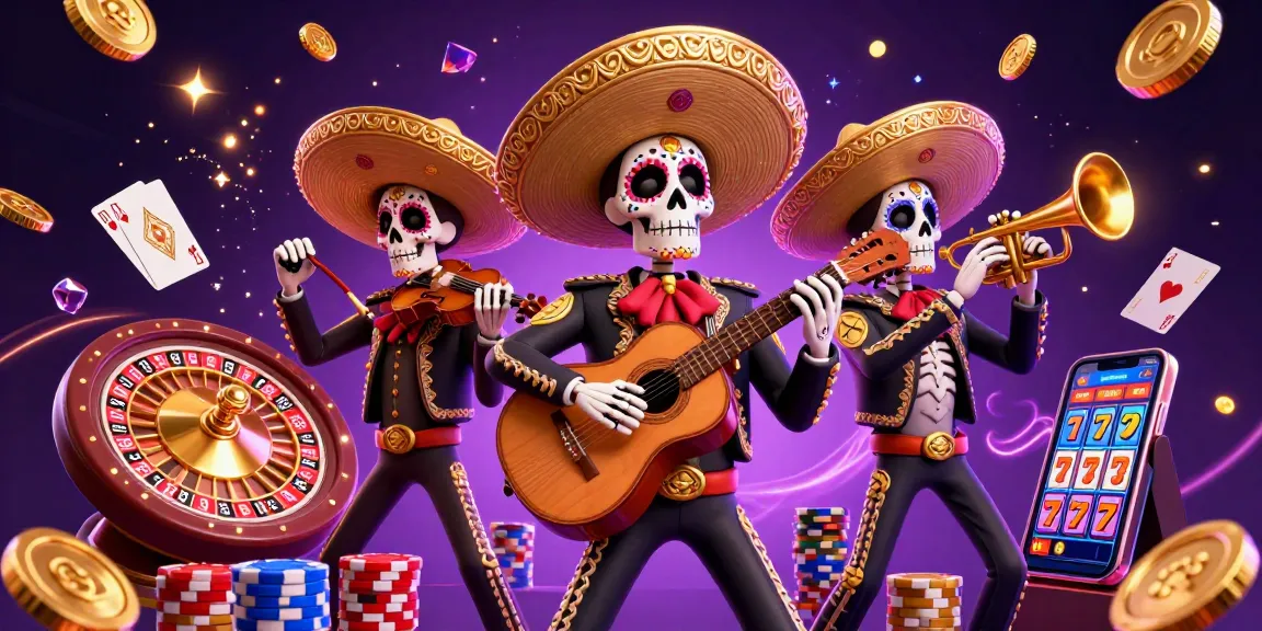 Win big with sunwin as vibrant mariachi skeletons celebrate in a lively casino atmosphere.