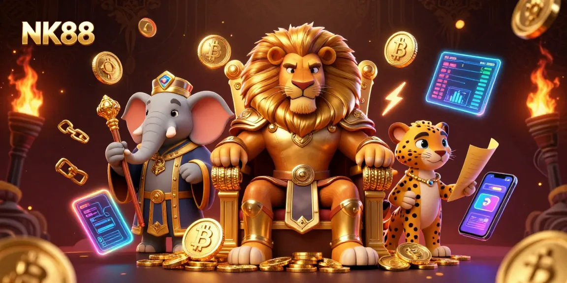 Witness the NK88 gaming experience illustrated with animated royal characters and vibrant casino elements.