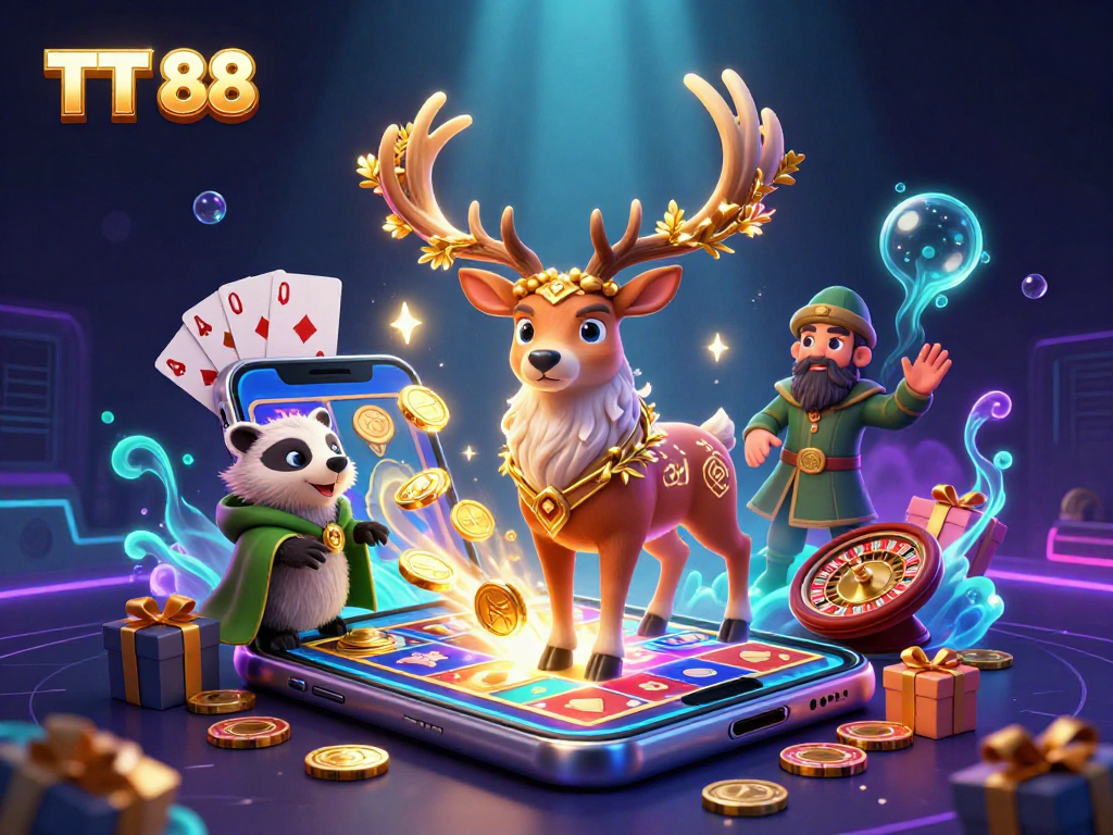Win big with TT 88 in an exciting 3D casino scene featuring a stag and badger.