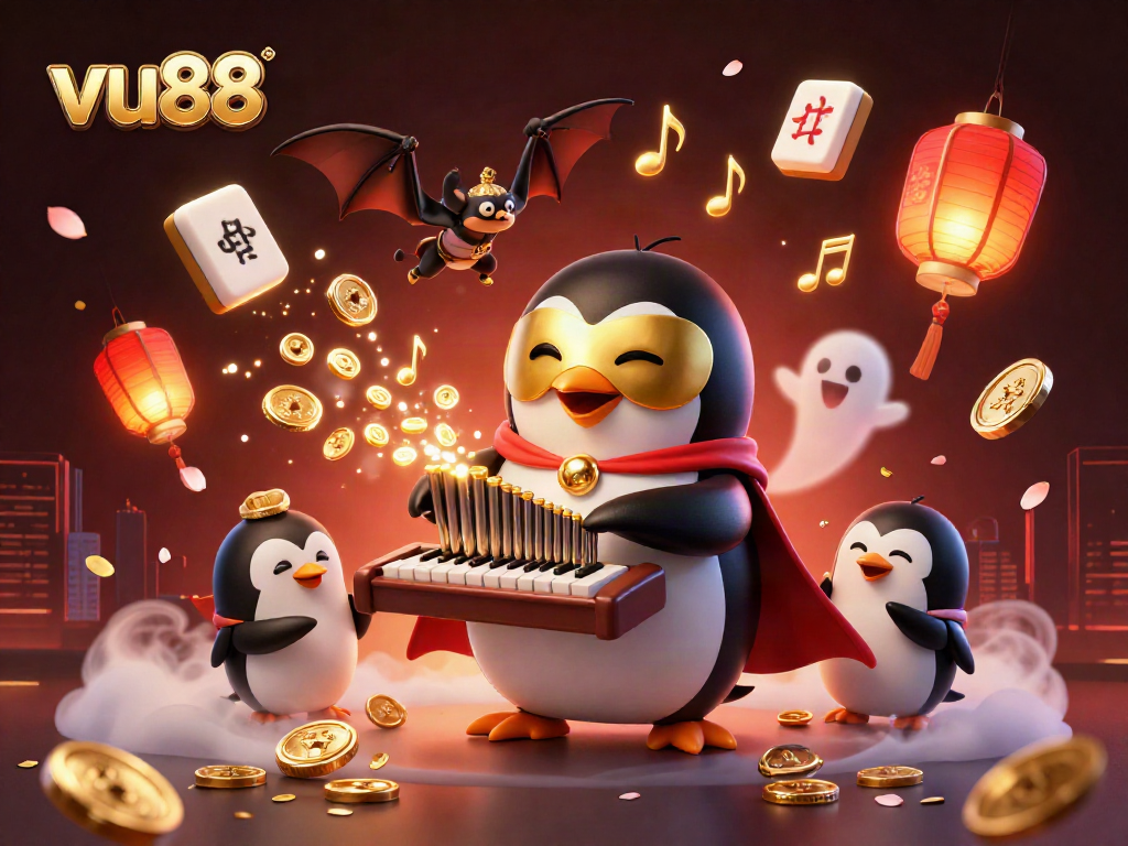 Experience the excitement of vu88 with 3D characters and dynamic casino elements in vibrant colors.