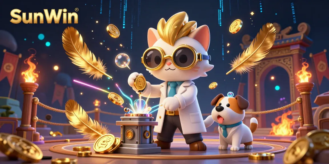 Experience the thrilling action of SunWin with this captivating 3D illustration featuring a mad scientist cat and lab assistant, amidst gold coin magic and vibrant casino elements.