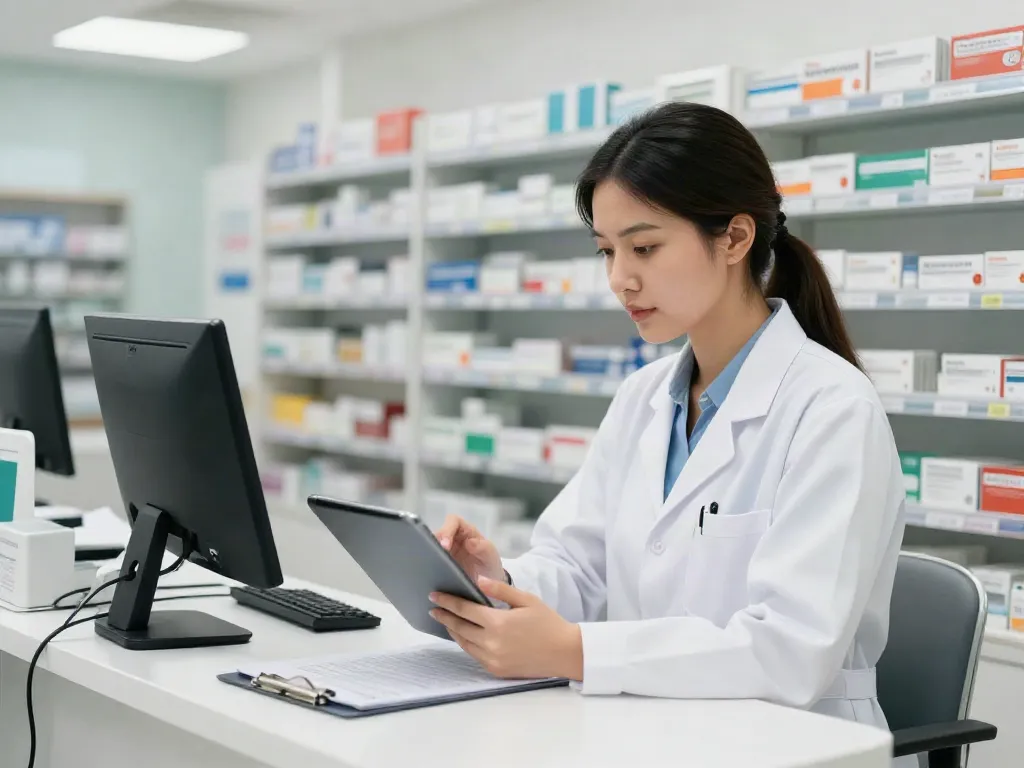 Farmaco uae pharmacy scene with pharmacist reviewing medicines on tablet.