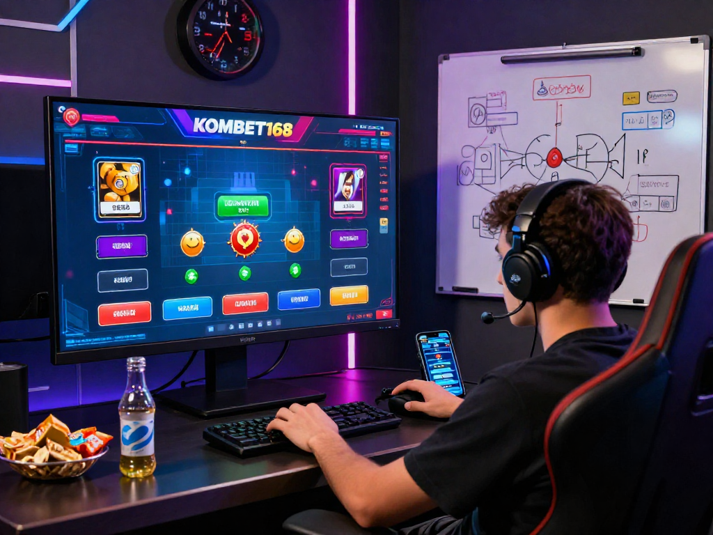 Engaged player betting on KOMBET168 with live updates and snacks in a modern gaming setup.