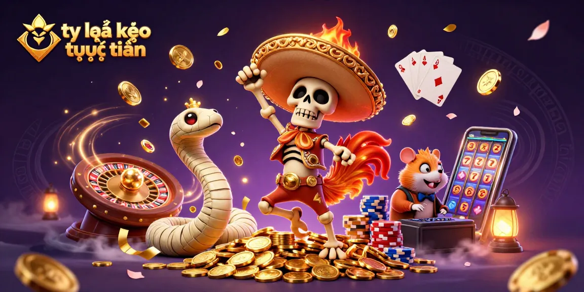 Experience the excitement of tỷ lệ kèo trực tuyến with our lively 3D illustration featuring a dancing rooster, mummy snake, and DJ hamster.