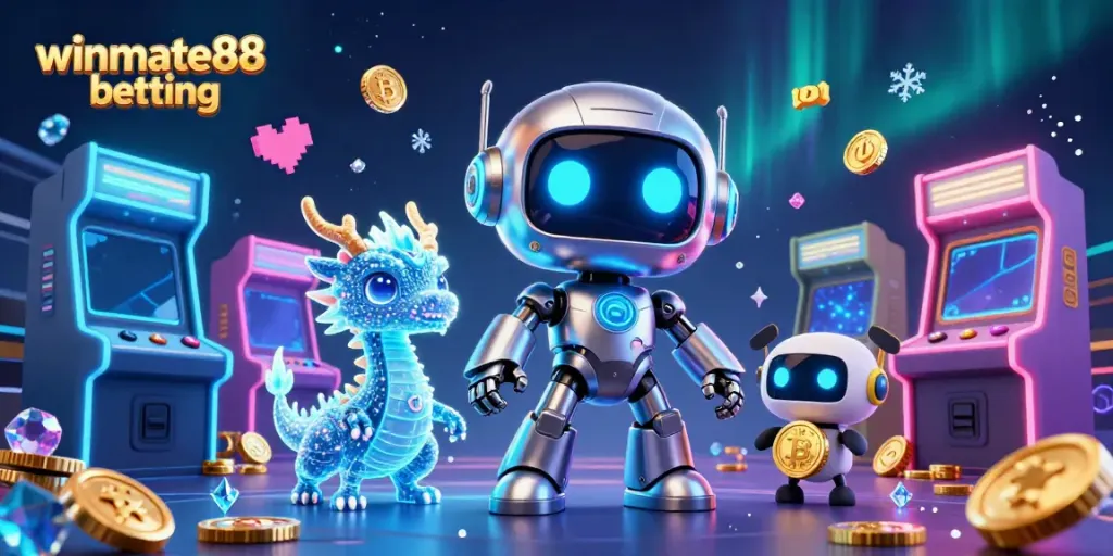 Engage in winmate88 betting with vibrant 3D casino-themed illustration showcasing characters and gaming elements.