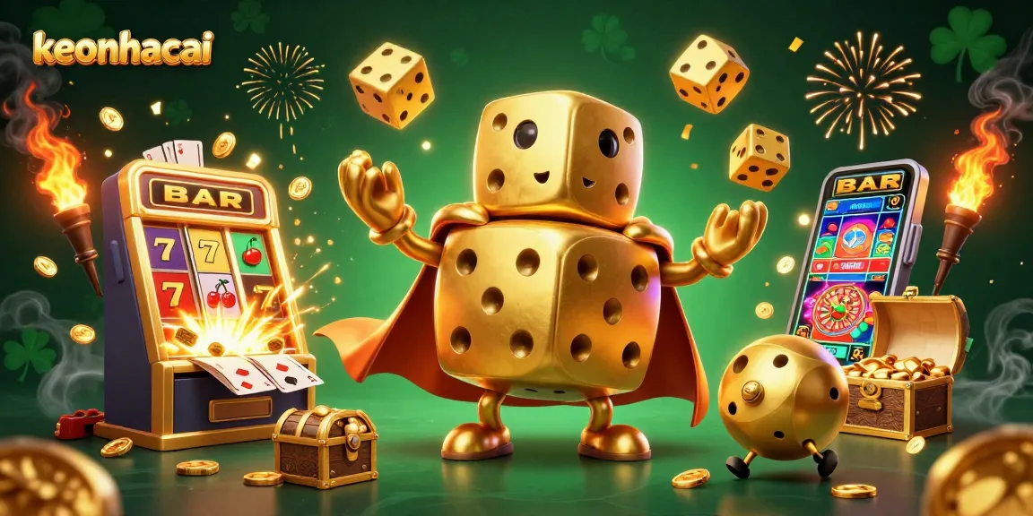 Experience thrilling wins with keonhacai’s golden dice golem surrounded by vibrant casino elements.