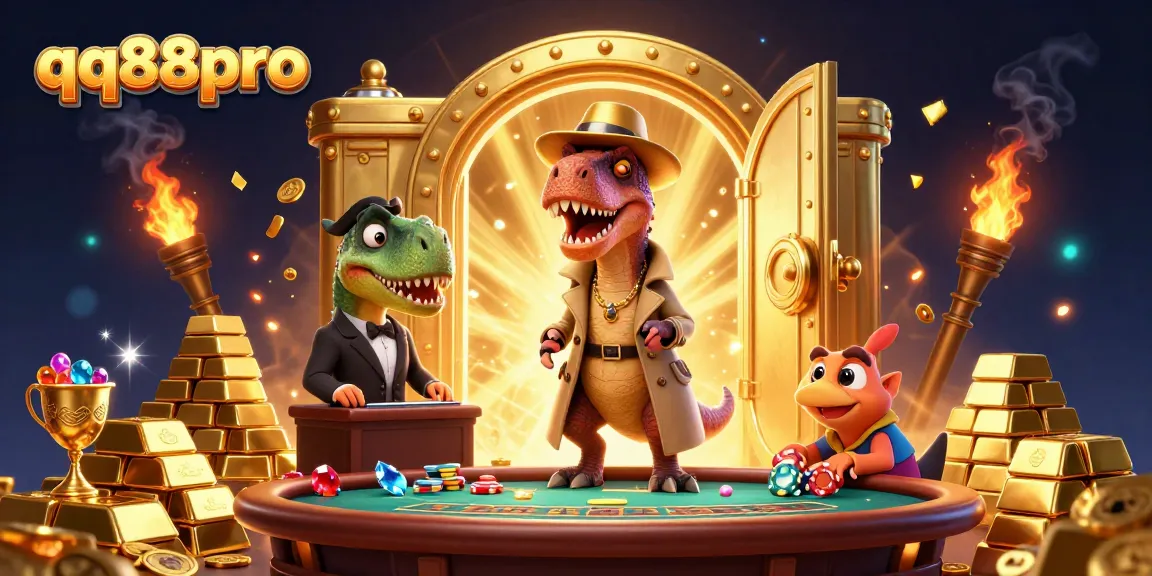 Watch the qq88pro velociraptor cleverly counting cards while the stegosaurus pit boss observes at a dynamic casino scene.