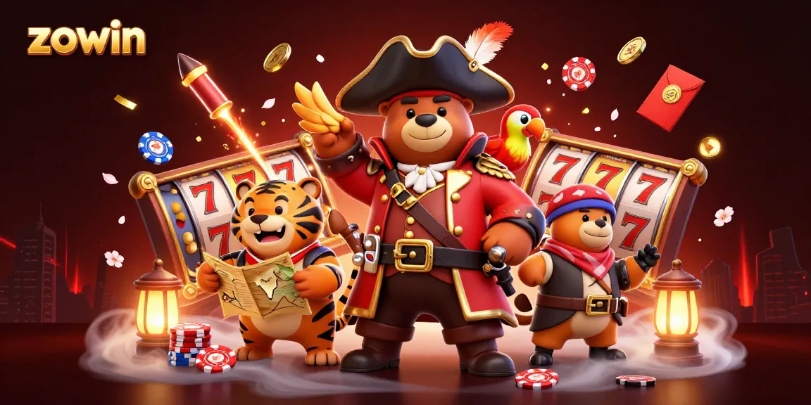 Zowin casino scene featuring a pirate captain bear and a tiger with slots and poker chips