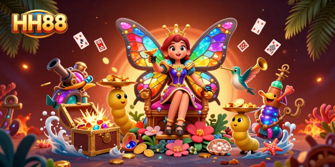 Experience thrilling gaming at HH88 with a vibrant scene of a butterfly queen amidst treasure and excitement.