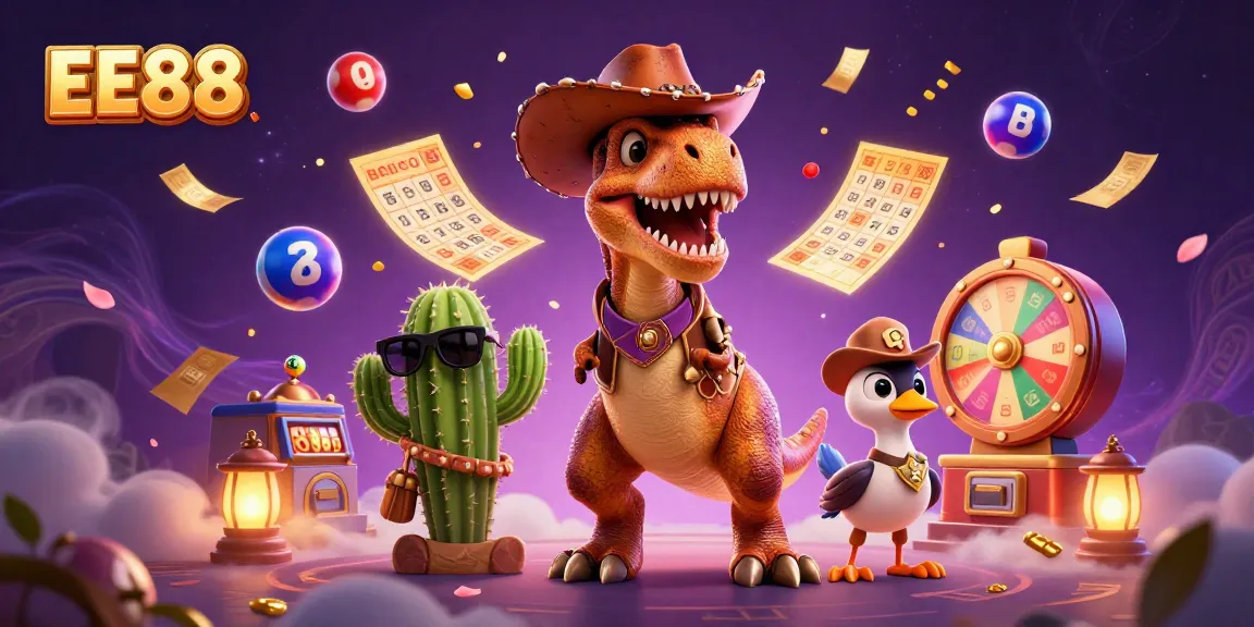 EE88's cartoon dinosaur cowboy spins vibrant lottery balls and glowing tickets, showcasing exciting gaming action.