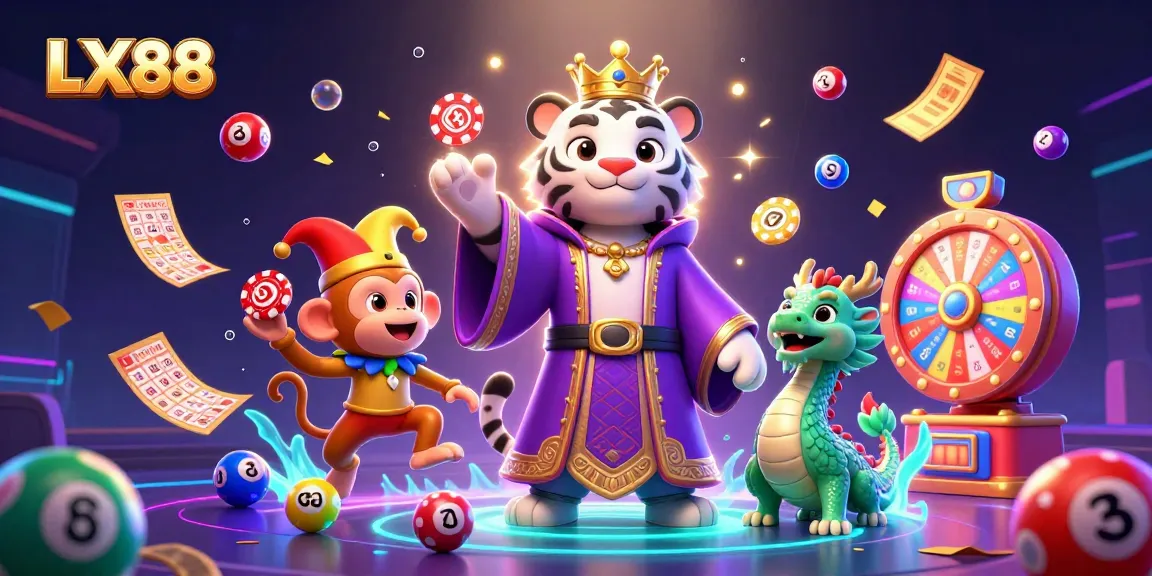 Experience LX88 with a captivating illustration of a royal tiger, playful monkey, and jade dragon amidst colorful lottery elements