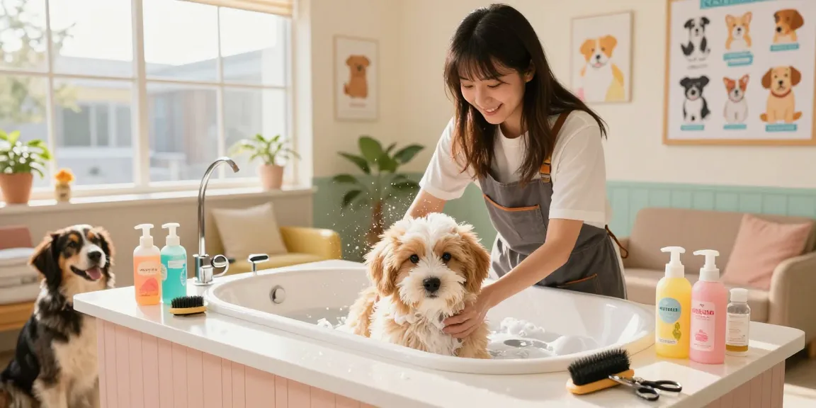 Puppy Grooming York in a cozy salon, a gentle groomer bathing a fluffy puppy with colorful grooming tools.