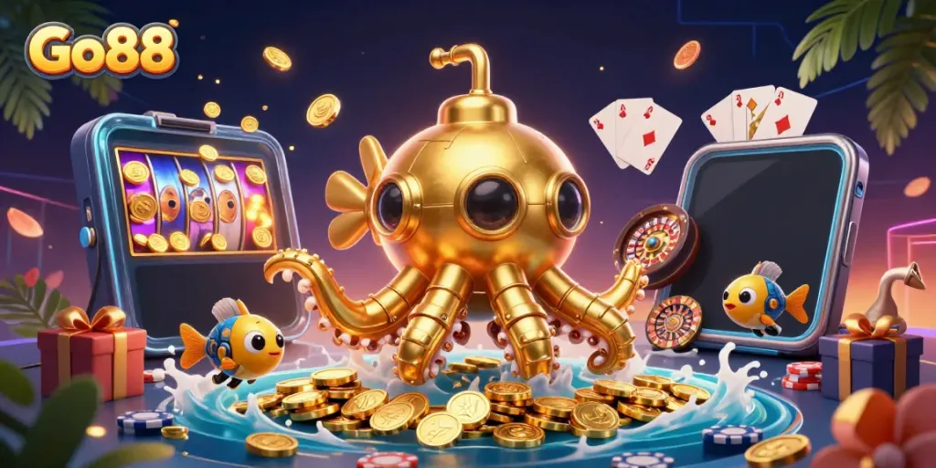 Engage in exciting gameplay at Go88 with a golden kraken submarine and vibrant slots.
