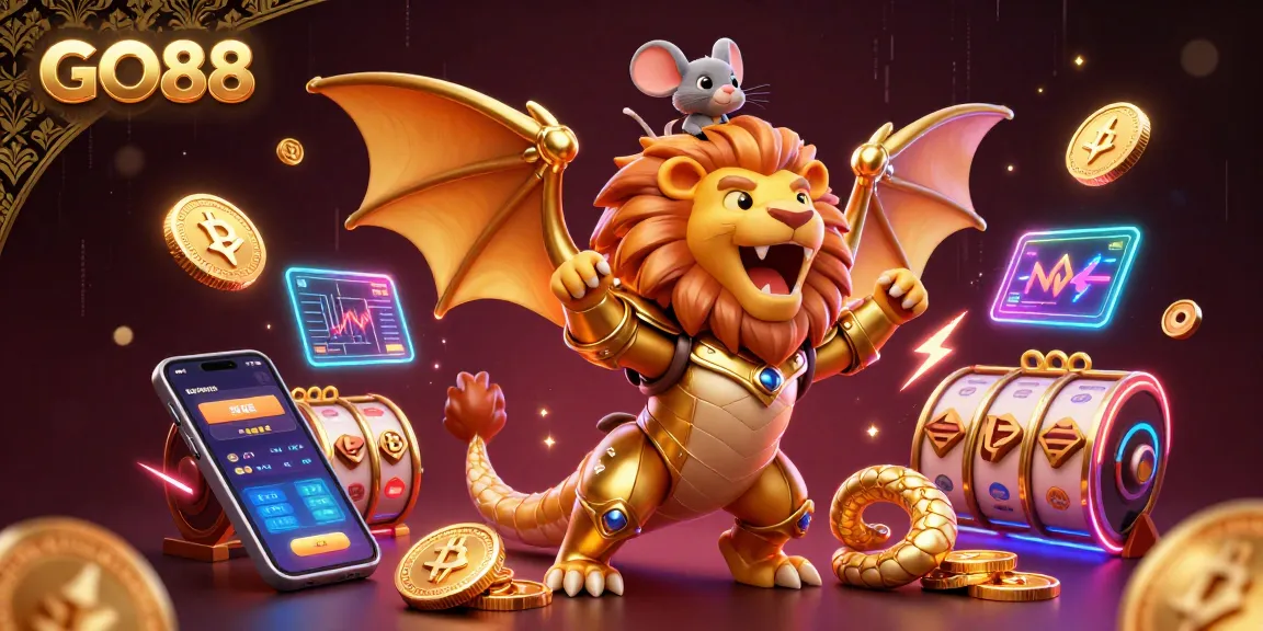 Experience GO88 with a vibrant casino scene featuring golden armor chimera and crypto elements.