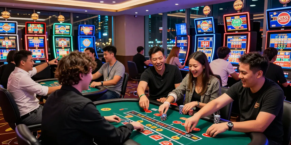 People enjoying the exciting atmosphere at KK55 casino, engaging in games and celebrating wins.