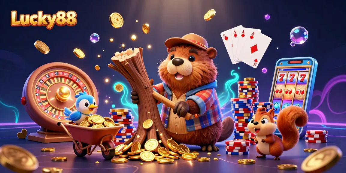 Experience fun gameplay with Lucky88 as a lumberjack beaver collects gold coins raining down in a dynamic casino scene.