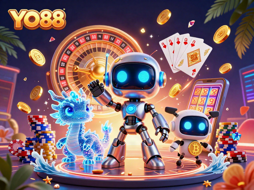 Enjoy thrilling gameplay with YO88 - vibrant casino scene featuring robots, dragons, and bitcoins.