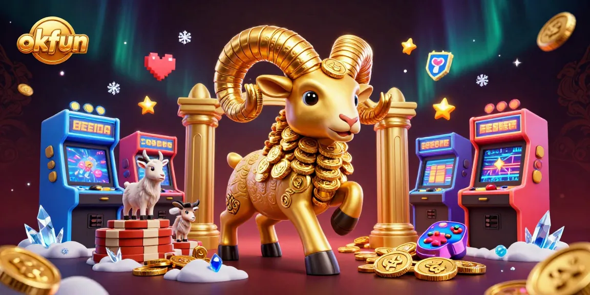 Experience thrilling casino action with okfun’s vibrant 3D illustration of a golden ram at the game gates.