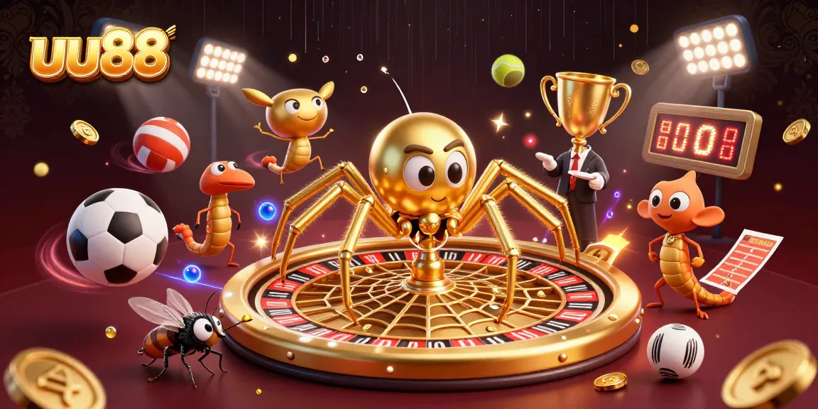 uu88 presents a vibrant casino scene, showcasing a golden spider and dynamic sports elements in action.