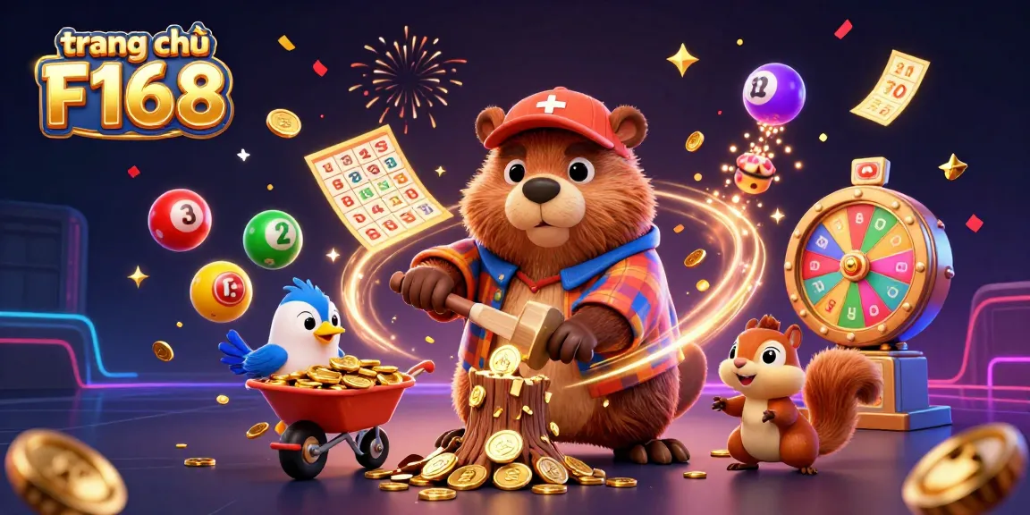 Experience the excitement of trang chủ F168 as a lumberjack beaver collects golden coins amidst a vibrant casino scene.