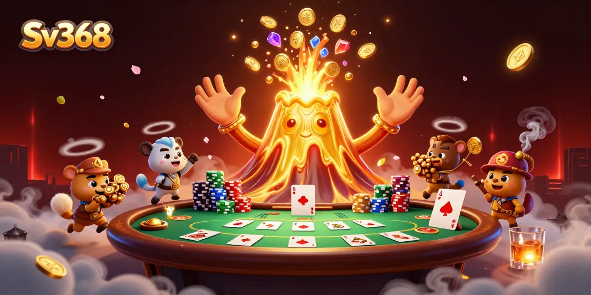 Experience the excitement of Sv368 with a lavish gaming scene featuring a golden volcano erupting coins and treasure.