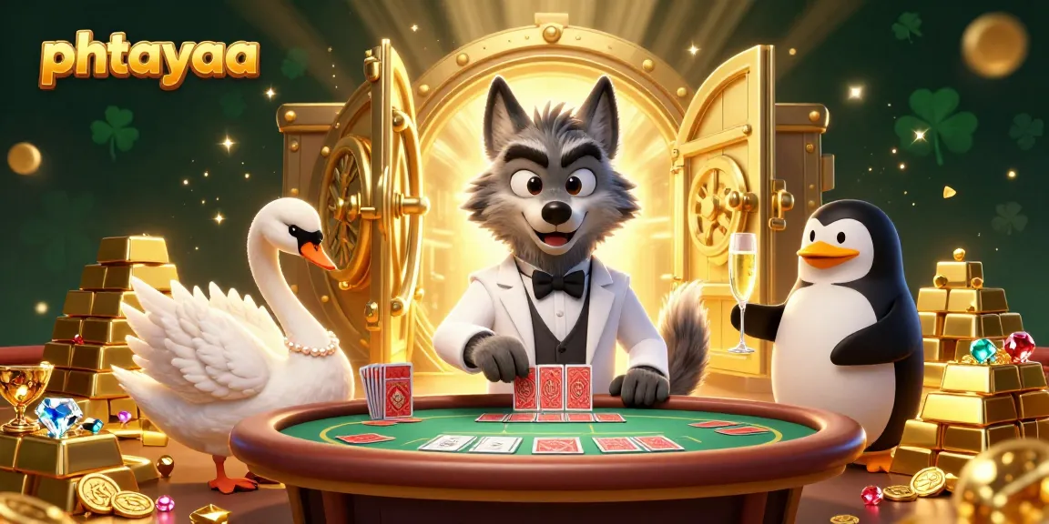 Experience the thrill of phtayaa with a debonair wolf and elegant characters at a vibrant casino table.