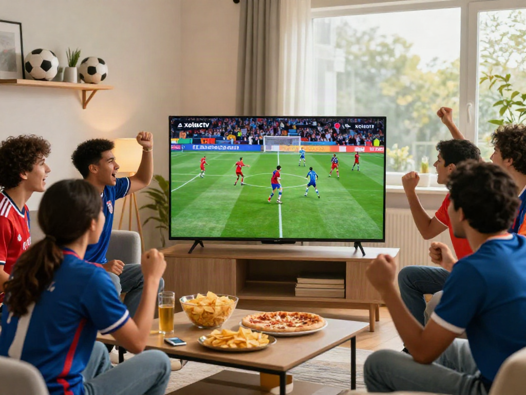 Xoilactv football viewing party in a vibrant living room with friends cheering.