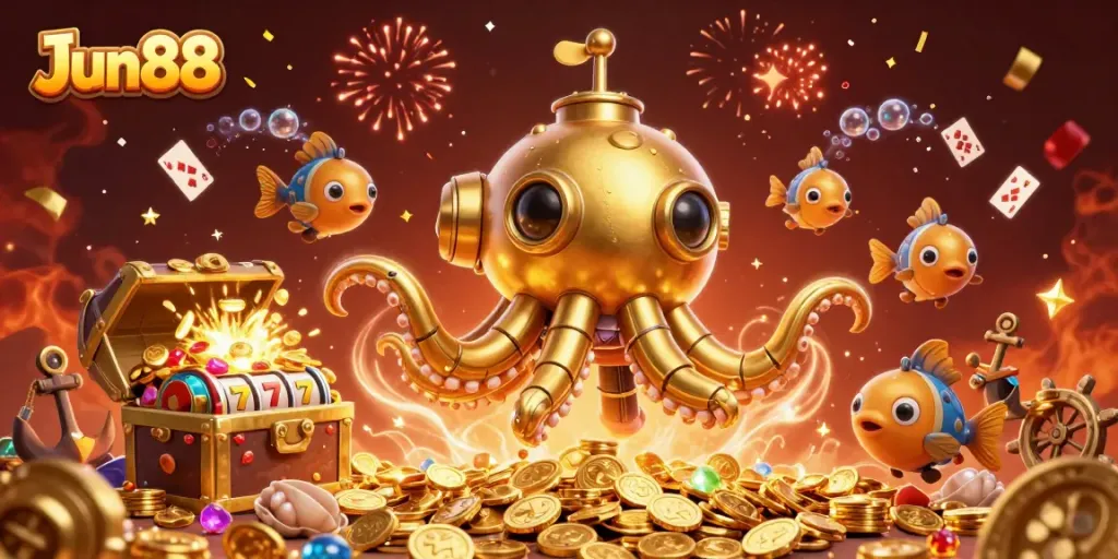 Experience the excitement of Jun88 with this dynamic underwater casino illustration featuring golden treasures and slot reels.