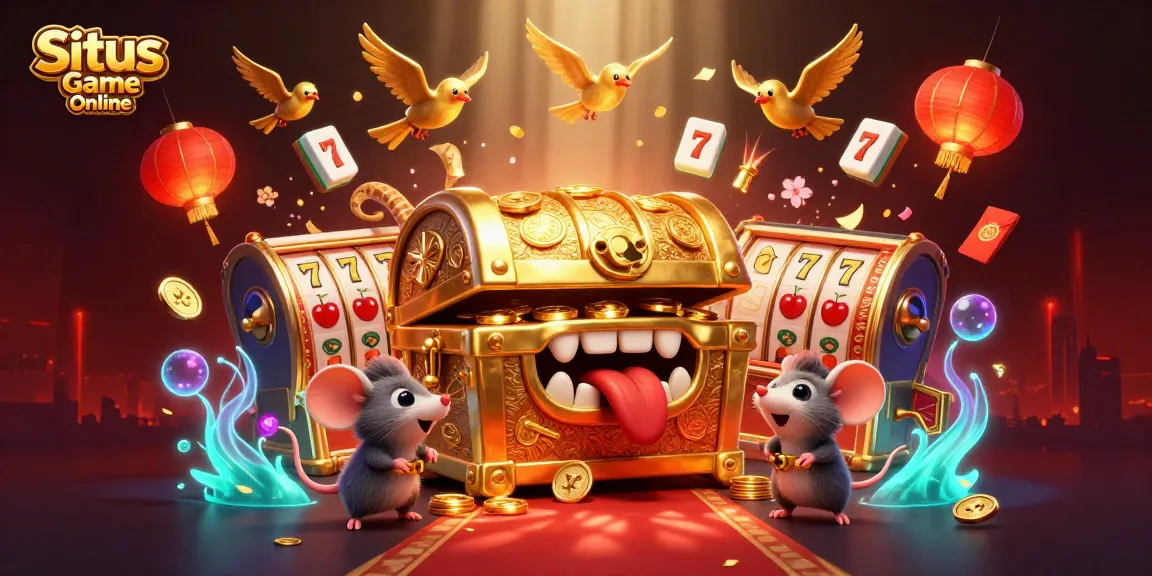 Situs Game Online showcases thrilling slot games with a dynamic treasure chest scene filled with excitement.