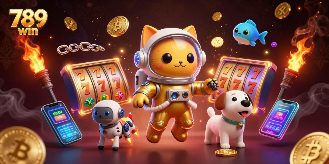 Engage with 789 win through an exciting cosmic casino adventure featuring a space cat and robot dog.