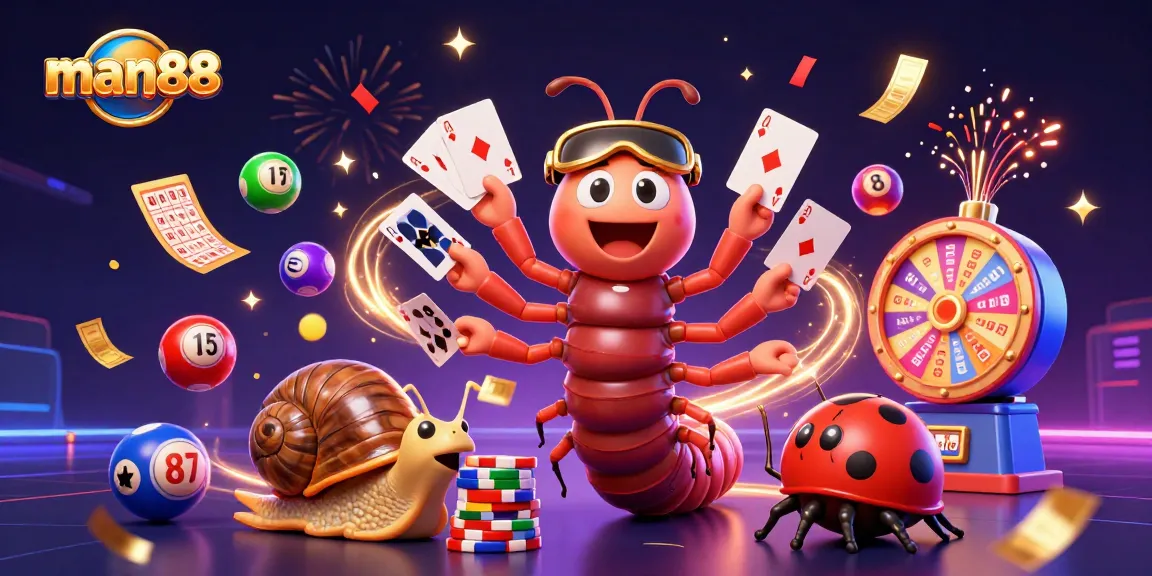 Experience exciting gameplay with man88's vibrant casino illustration featuring dynamic characters and games.