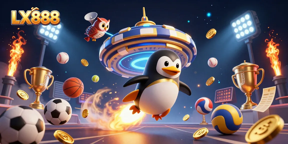 Experience thrilling gaming action at LX888 with a dynamic 3D scene of a rocket-powered penguin headed to a casino station.