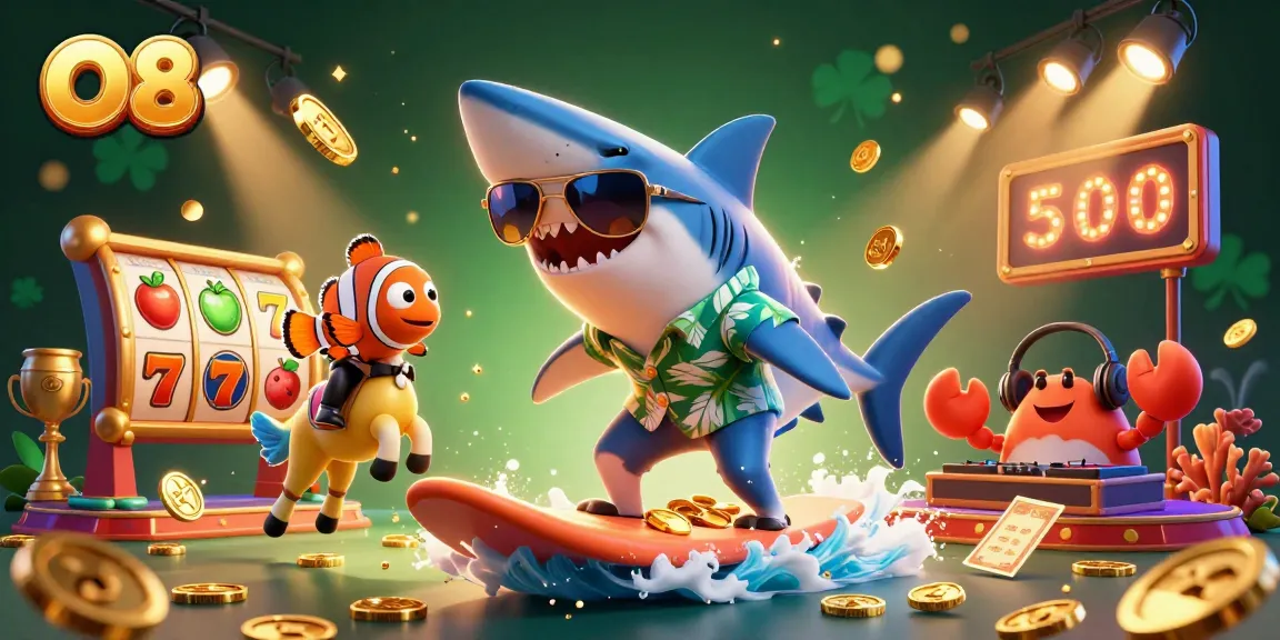 O8 enhances your gaming fun with a lucky shark, vibrant slot action, and exciting beach visuals.