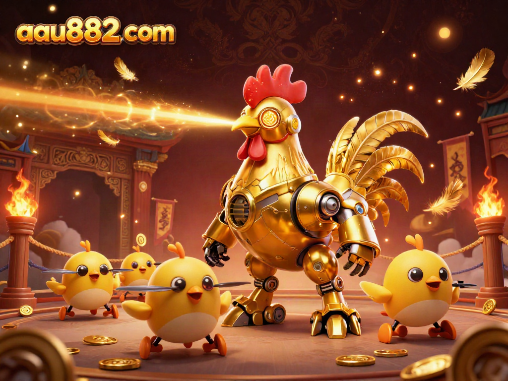 Experience thrilling games at aau882 com, featuring the golden rooster robot surrounded by dynamic casino elements.