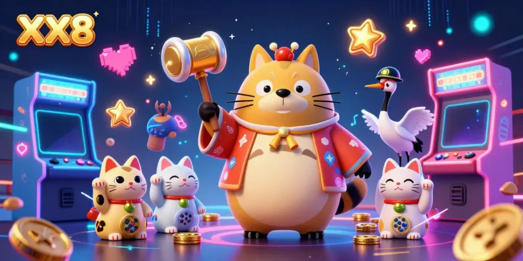 Experience the energetic casino scene with XX8 featuring a cheerful tanuki and colorful game elements.