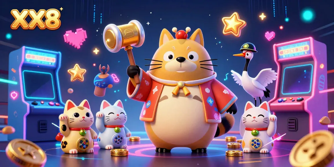 Experience the energetic casino scene with XX8 featuring a cheerful tanuki and colorful game elements.