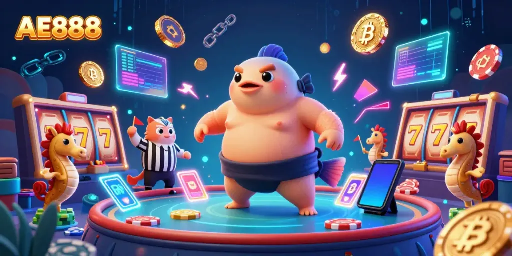 Play at AE888 Casino featuring vibrant slot games and underwater characters in a lively scene.