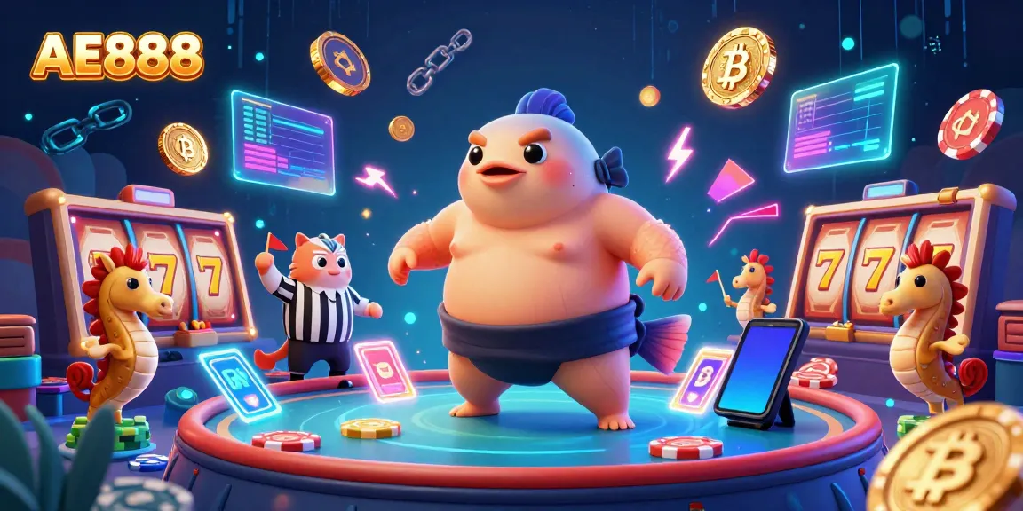 Play at AE888 Casino featuring vibrant slot games and underwater characters in a lively scene.