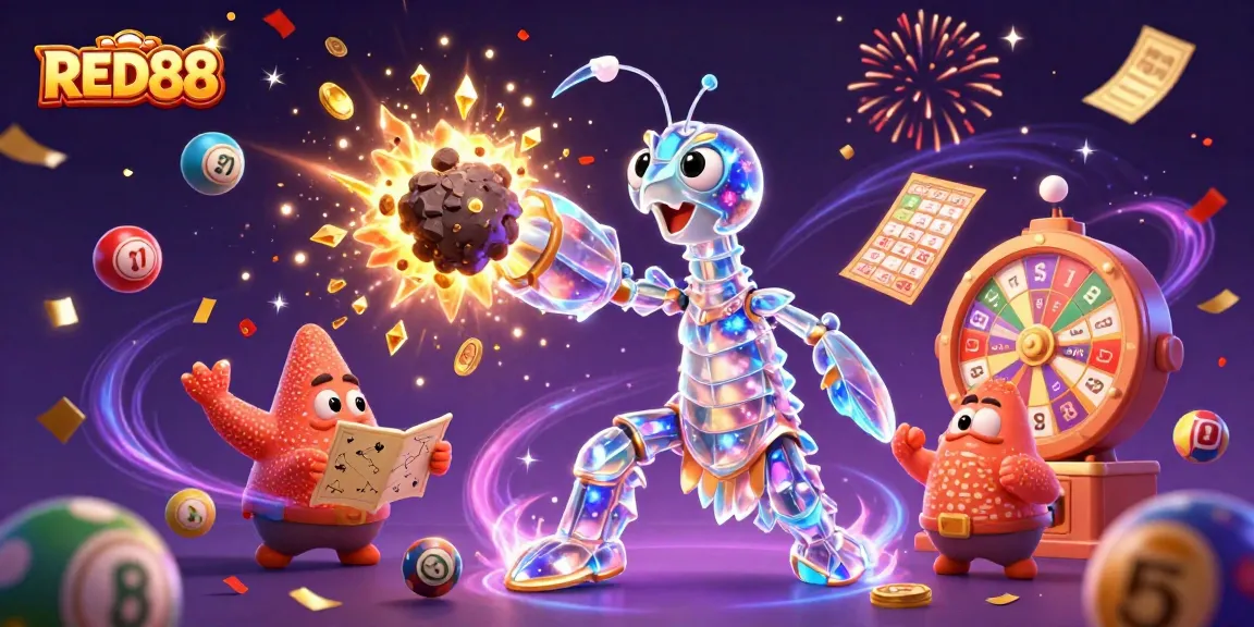 Engage with RED88's thrilling casino experience featuring colorful lottery balls and starry characters.